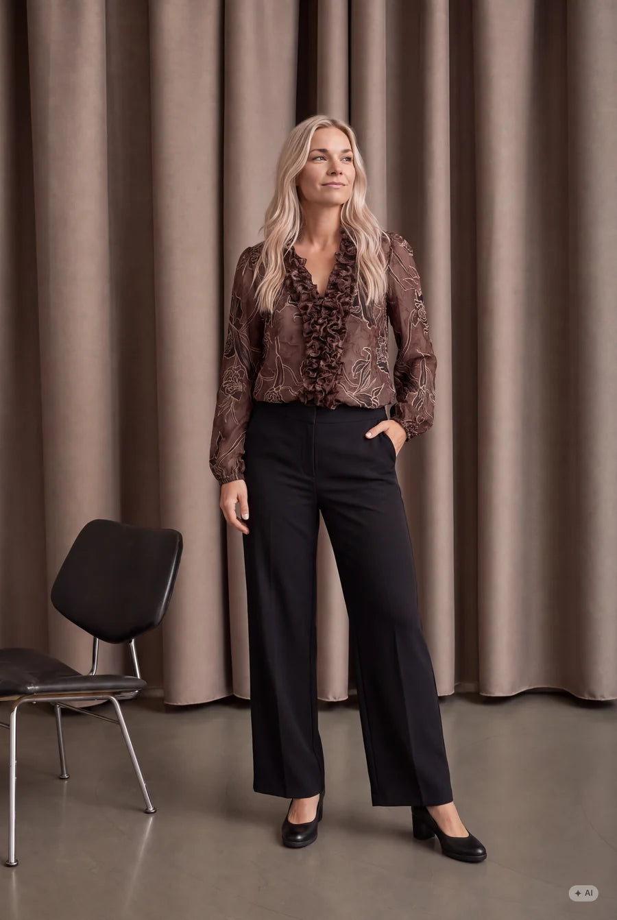 Obi Ruffle Blouse - Brown Flower
