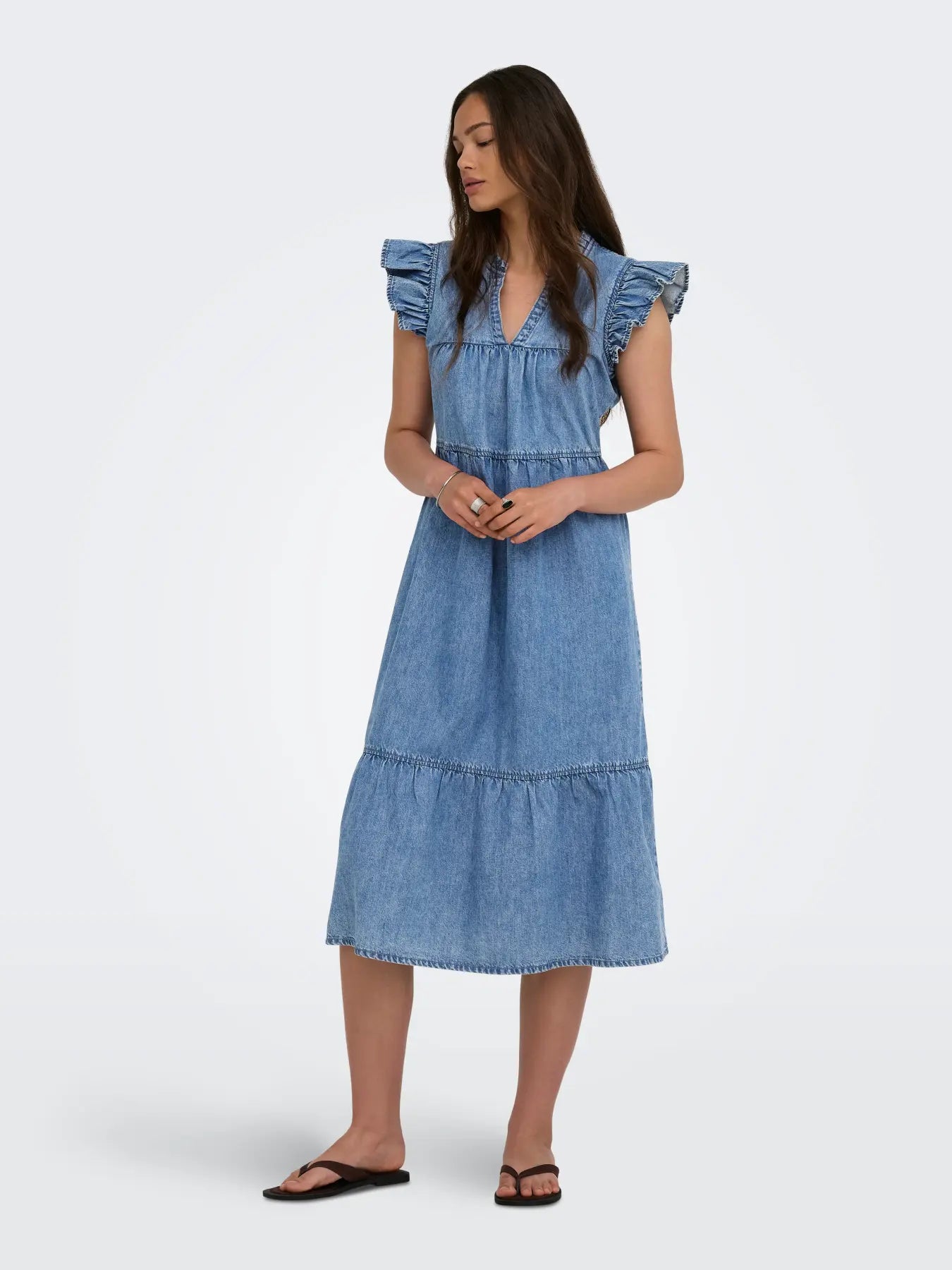 ONLSHANIA S/L FRILL MIDI DNM DRESS