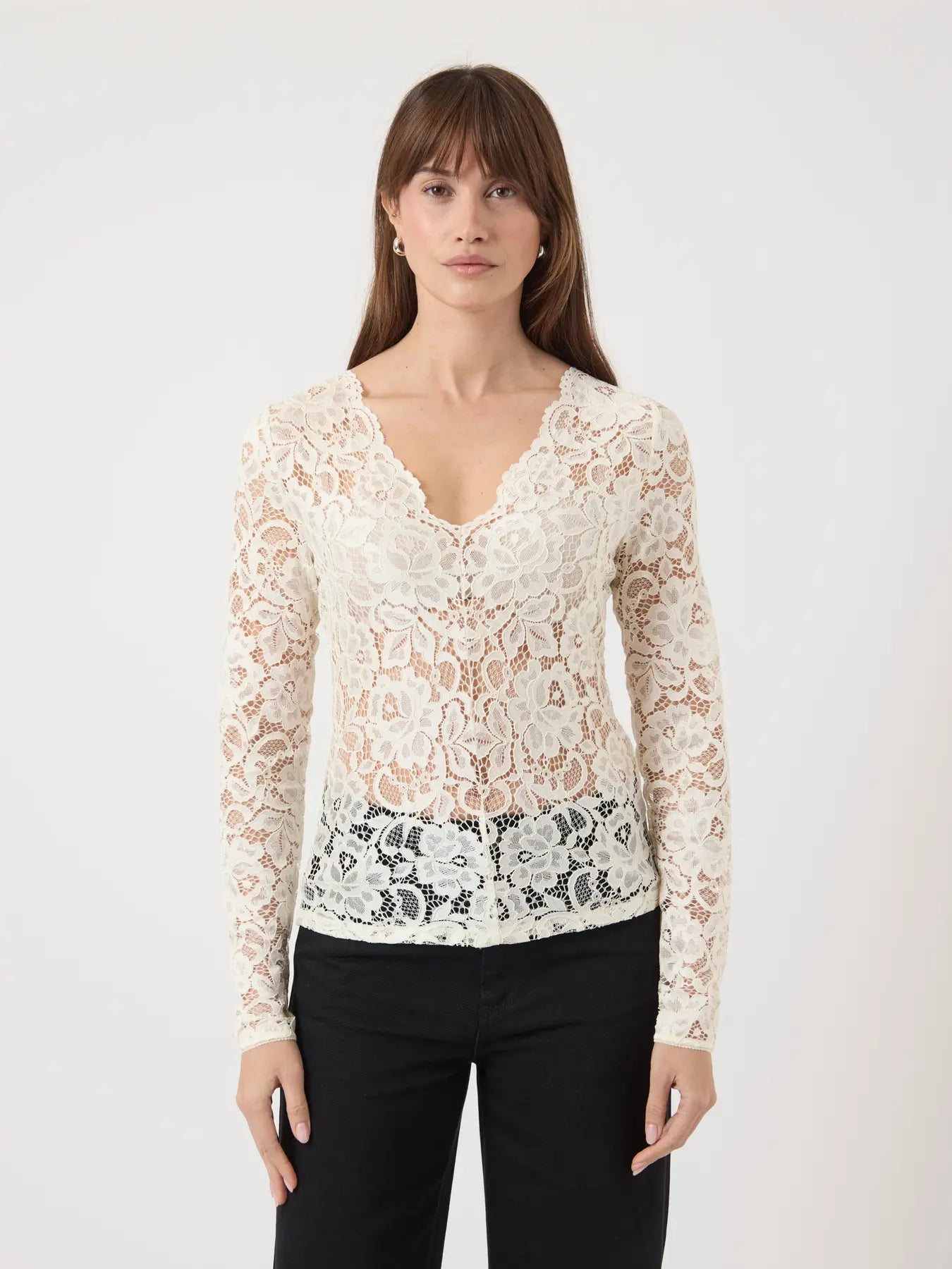 YASLACEY LS V-NECK LACE TOP