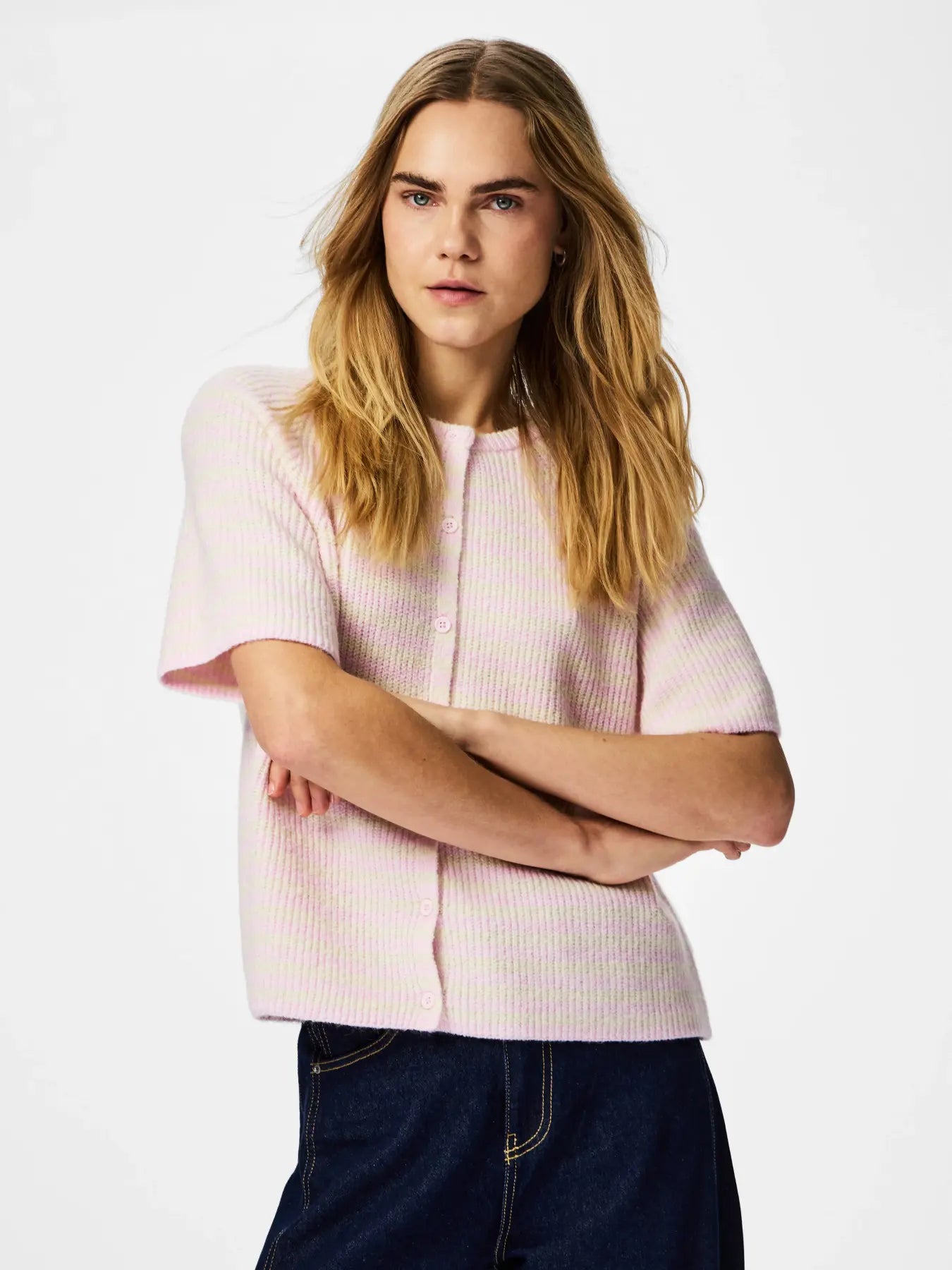 PCMALOU O-NECK STRIPE CARDIGAN