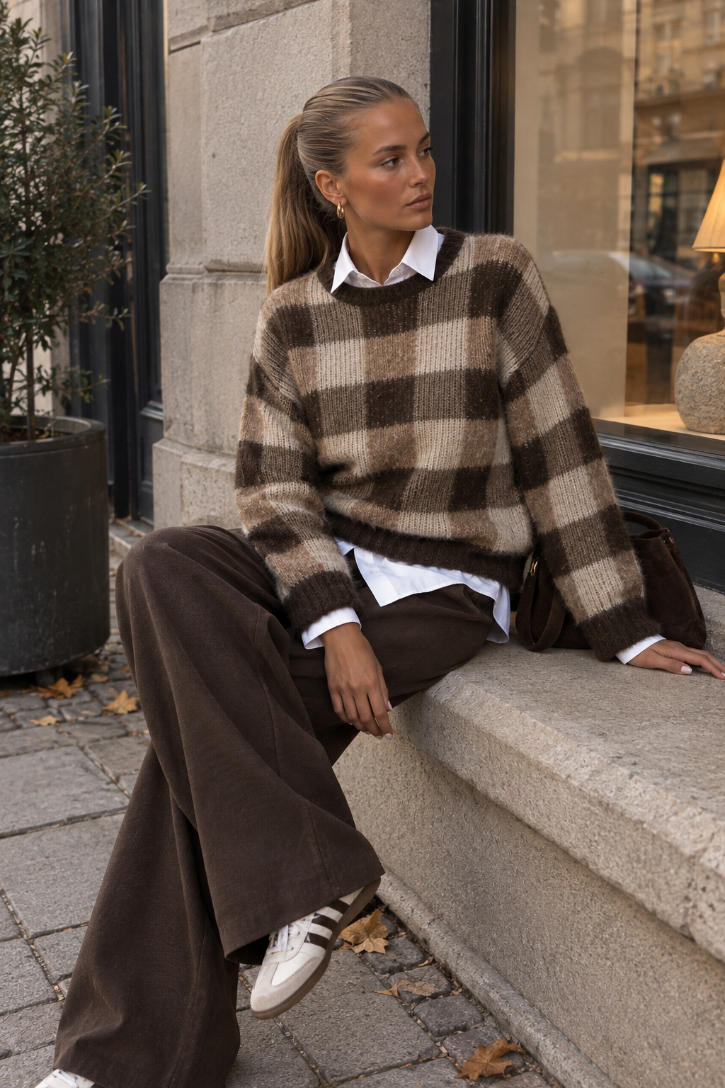 SLWLULU LOOSE LS CHECK KNIT O-NECK