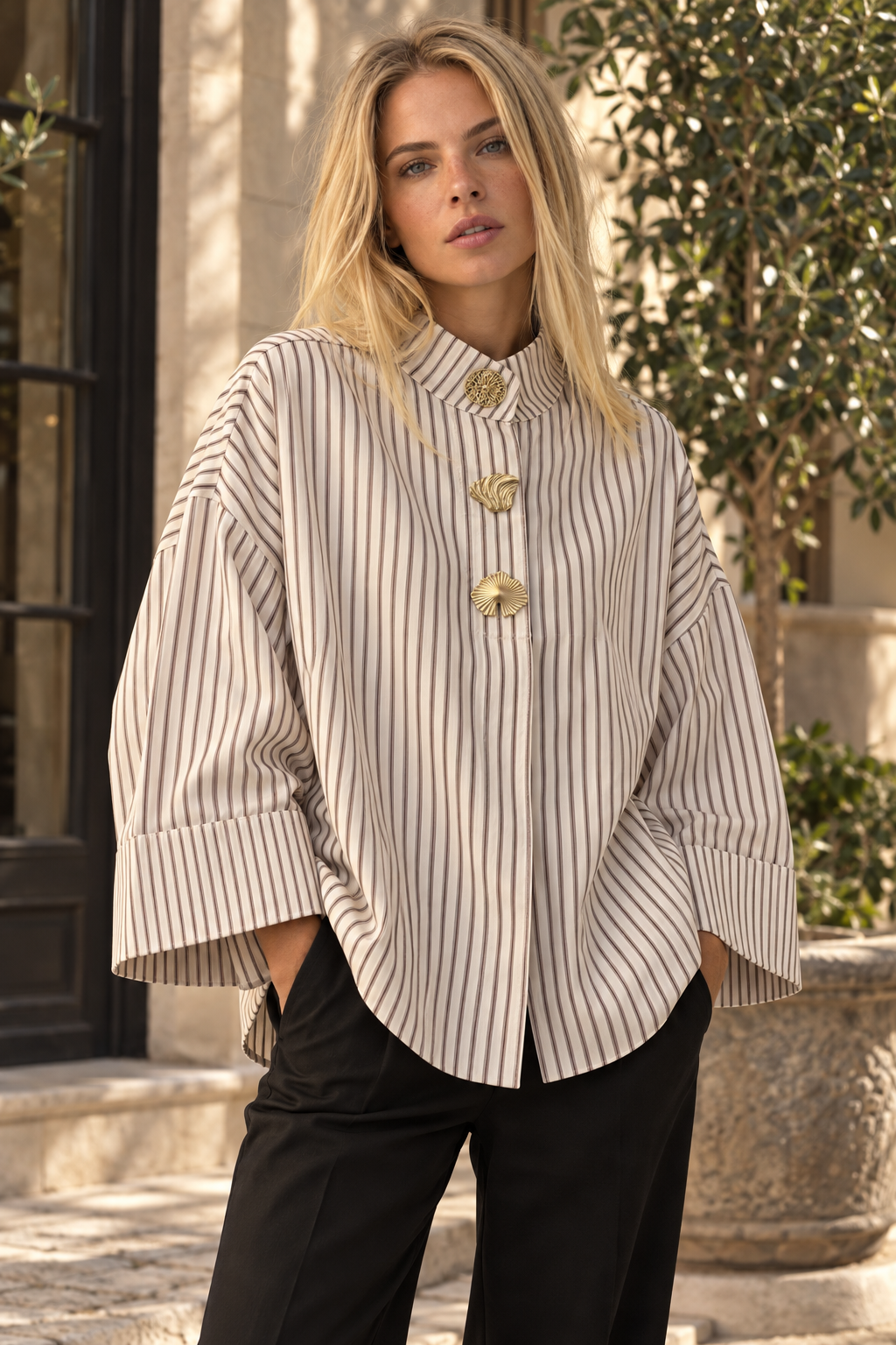 Klara High Neck Shirt Stripe Beige
