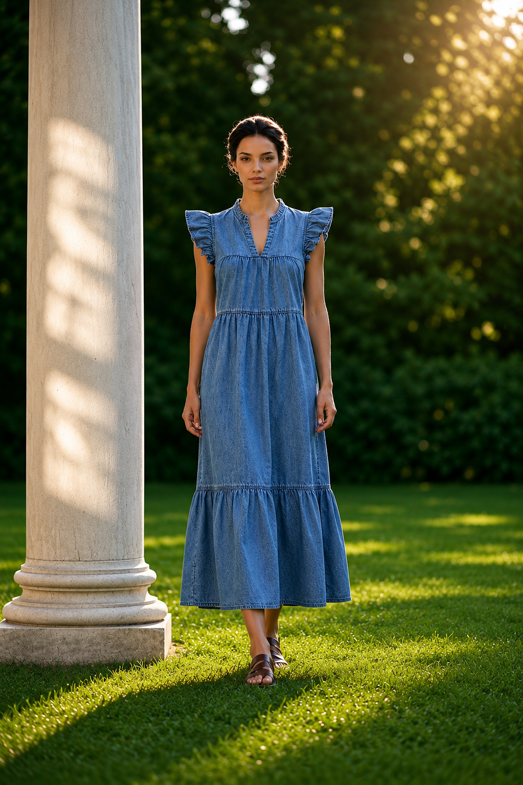ONLSHANIA S/L FRILL MIDI DNM DRESS