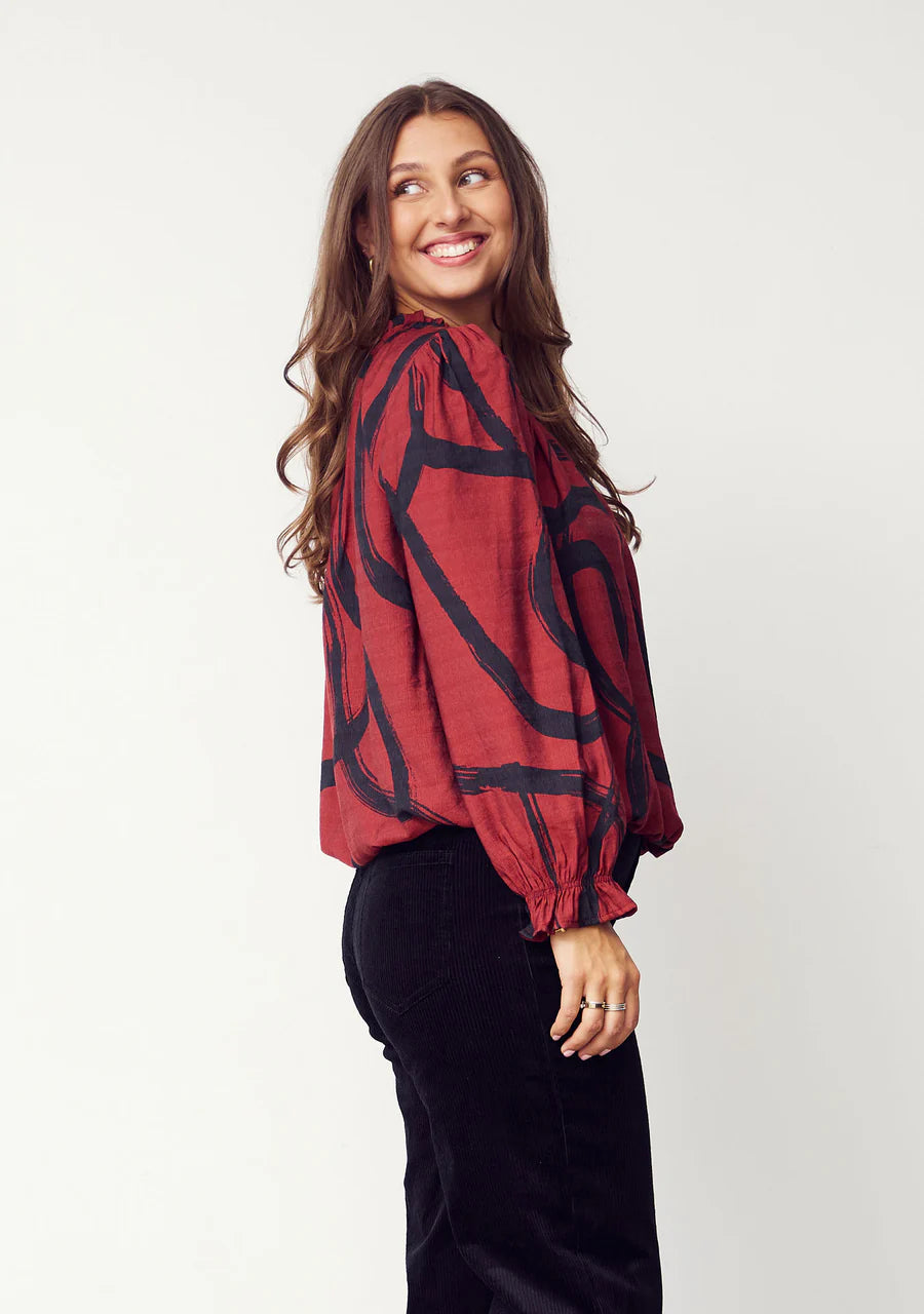 Tanna Printed Blouse - Black On Red
