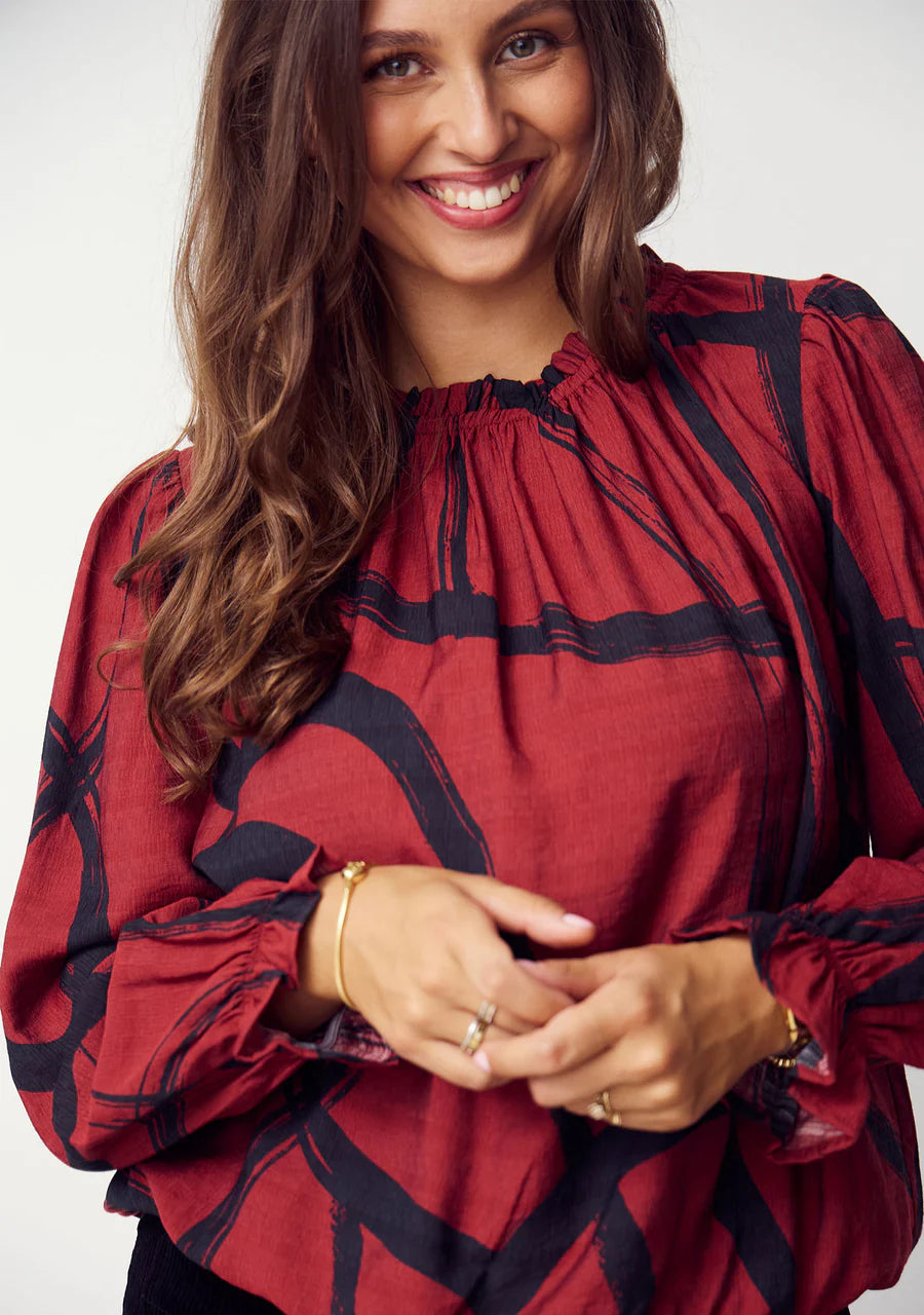 Tanna Printed Blouse - Black On Red