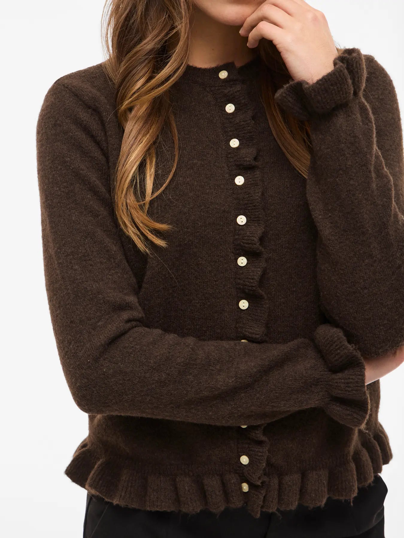 JACIA O-NECK L/S FRILL KNIT CARDIGAN