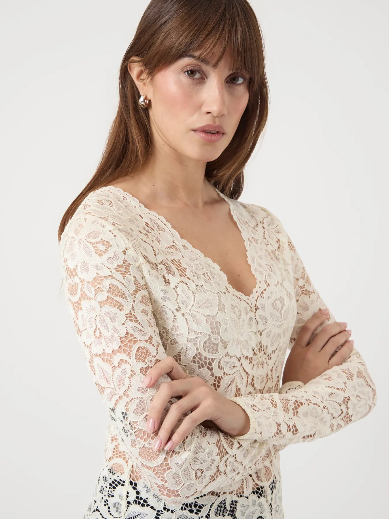 YASLACEY LS V-NECK LACE TOP